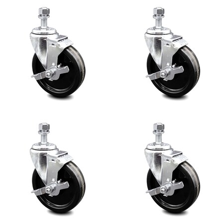 Service Caster 5 Inch Phenolic Wheel Swivel 3/8 Inch Threaded Stem Caster Set with Brake SCC SCC-TS20S514-PHS-TLB-381615-4